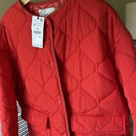 zara oversized quilted jacket  red   tags depop