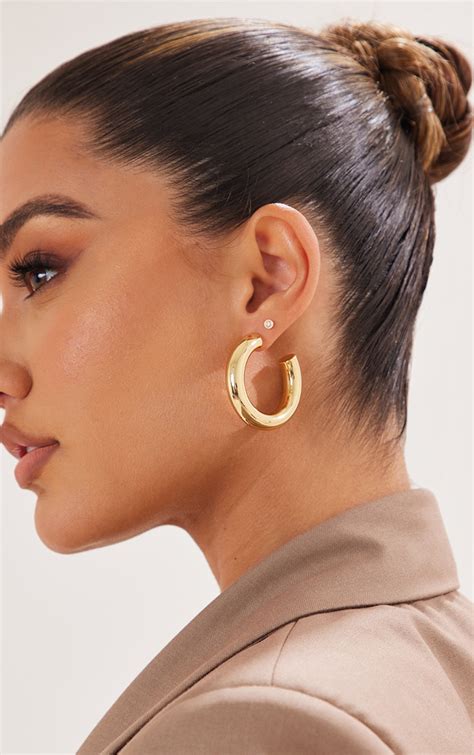 Real Gold Plated Tubular Hoop Earrings | Accessories | PrettyLittleThing USA