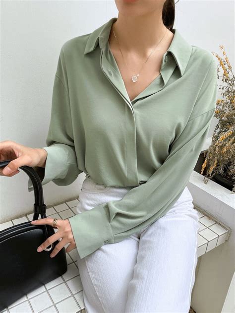 Solid Drop Shoulder Shirt - Mint Green Casual Long Sleeve Polyester ...