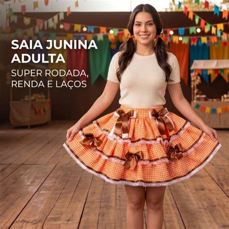 Saia Festa Junina Marrom - Saia Caipira Adulto Laranja com Marrom Renda e Laços Luxo Festa Junina ...