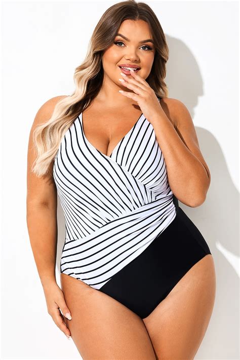Black & White Striped Wrap One Piece Swimsuit - Meet.Curve - Meet.Curve