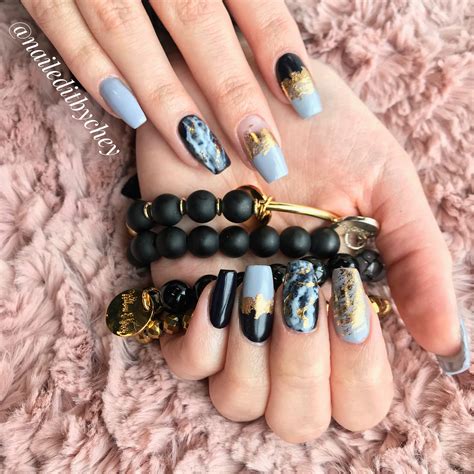 Marble, gold foil and matte black coffin nails. | Prom nails, Nails