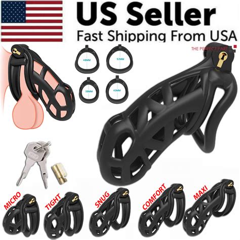 Male Chastity Cage Lock Device Kit W/ 4 Rings Virginity Device 5 Sizes