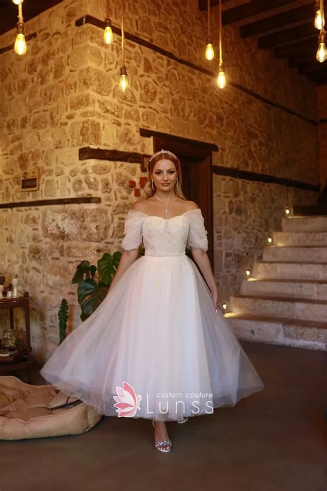 White Pearly Tulle Off-shoulder Ankle-length Bridal Dress - Lunss