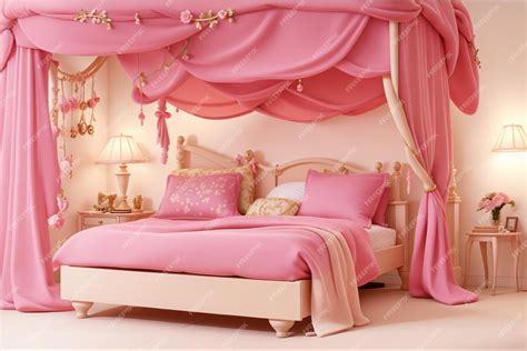 Premium Photo | A pink bedroom with a canopy bed and pink curtains