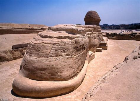 A backside view of the Great Sphinx of Giza that features its giant tail. Old Kingdom, c. 2558 ...