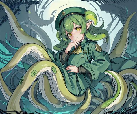 anime girl  green uniform  octopus tentacles   seaart ai