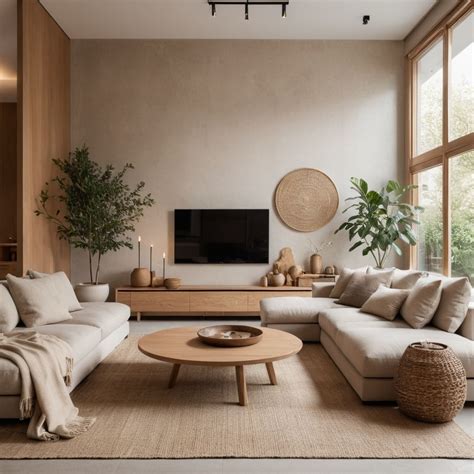 stylish japandi style living room  lush natural colours fabrics