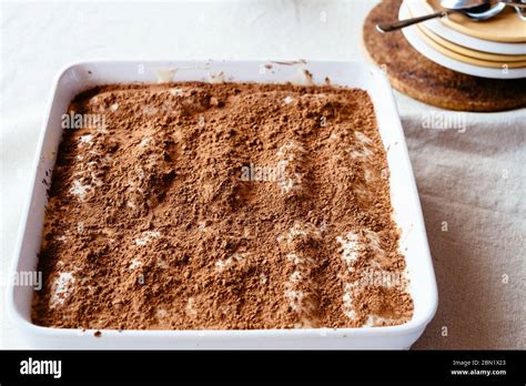delicious tiramisu cake traditional italian dessert side view stock