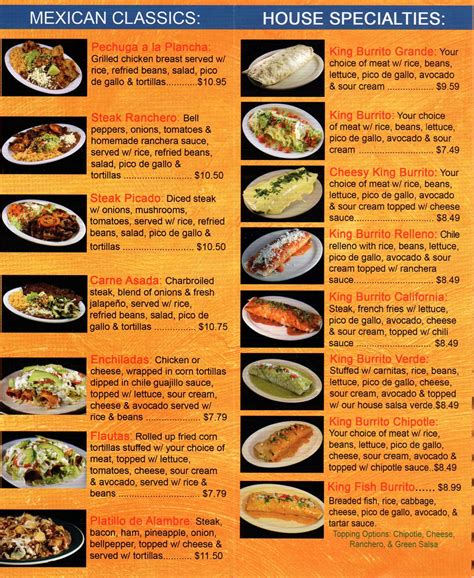 Menu at King Burrito restaurant, Fayetteville, N College Ave
