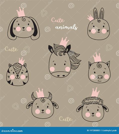 Cute Animals. Cute Simple Portraits of Pets in Crowns - Horse and