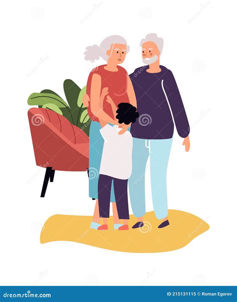 Grandparents With Grandson. Cartoon Grandma And Grandpa Hugging Boy