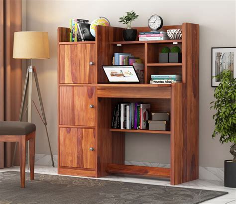 buy candy sheesham wood study table   cabinets open shelves