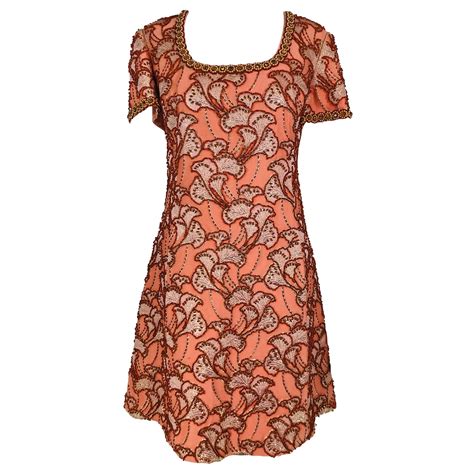 1960s Coral Silk Brocade Hand Beaded 1960s Mini Dress Royal Cathay Hong